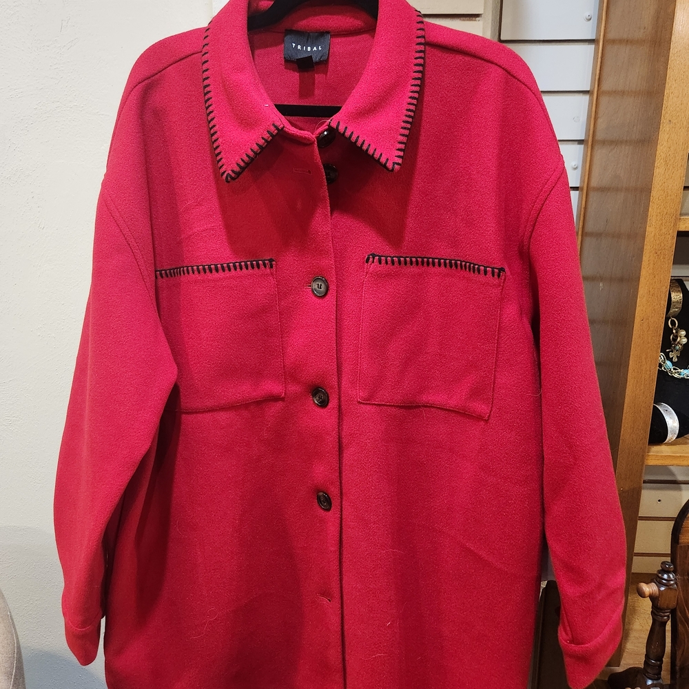 Tribal Scarlet Red Wool-Blend Shacket Jacket Whipstitch Detail Size XL